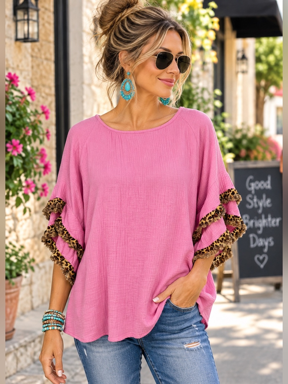 Umgee Pink Gauze Leopard Fringe Ruffle Sleeve Boho Top Size L